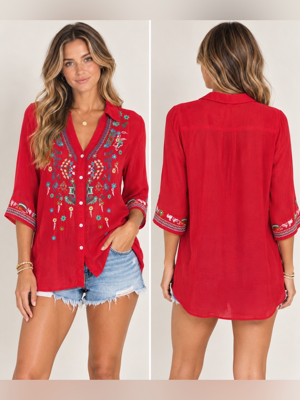 Kyla Seo Red Embroidered Boho Blouse Size S Button Front Floral